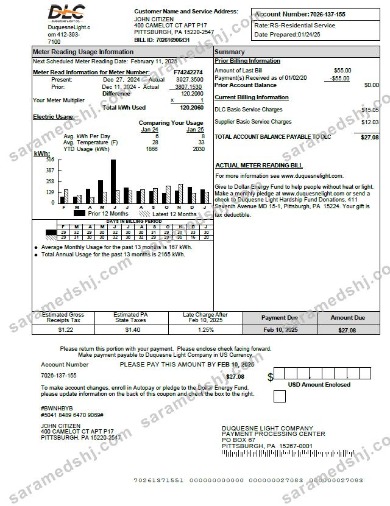 USA Duquesne Light Company utility bill template in Word and PDF formats